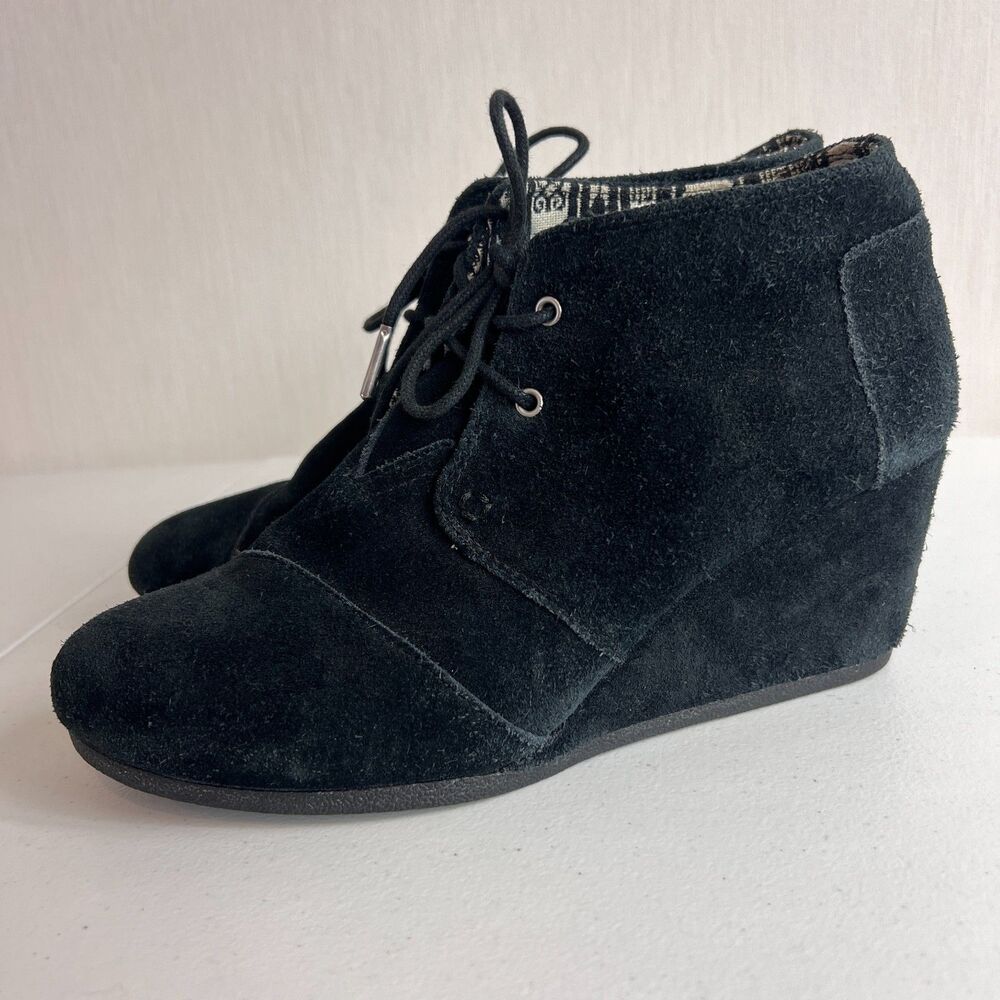 TOMS Kala Women's Wedge Ankle Boots Lace Up Black Suede Shoes Size 9.5